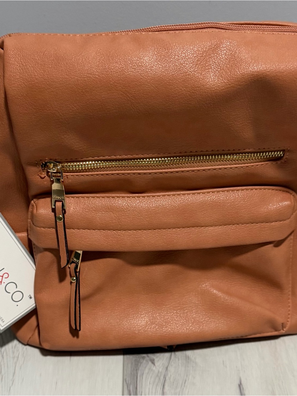 Women's Tan Faux-Leather Backpack with Front Zip Pocket